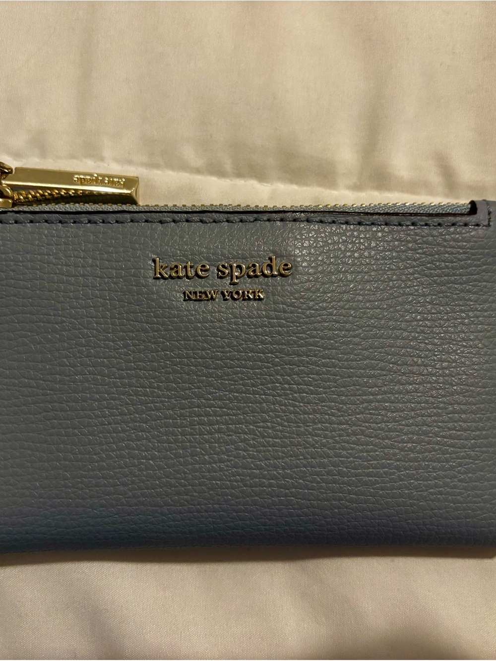 Kate Spade Pebbled Leather Zip Wallet — Slate Blue with Gold Hardware